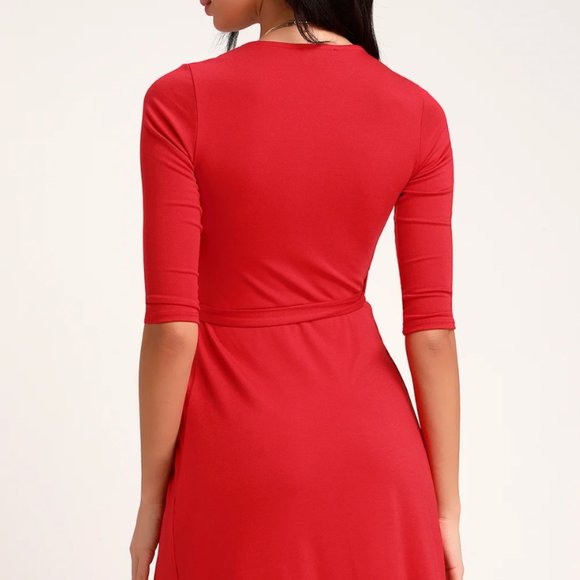 Lulu's All At Once Red Three-Quarter Sleeve Wrap Dress - Picture 2 of 4